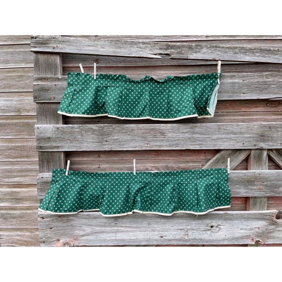 Vintage Pair 1960s Green/Beige Dot Pleated Curtain Valance Cotton - Picture 11 of 16